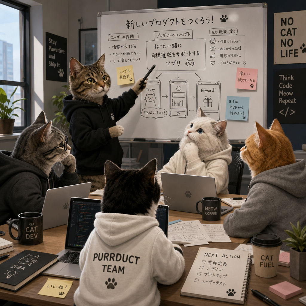 猫たちが会議室で打ち合わせをしている様子